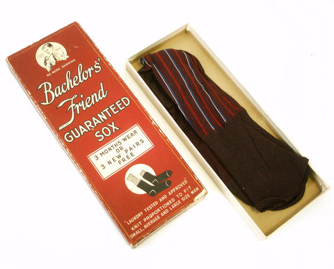 1930s Mens Socks, Art Deco Gatsby Era Vintage Mens Burgundy Striped Long Socks by Bachelors' Friend Guaranteed Sox One Pair in original box