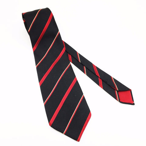 1970s Wide Black Necktie Disco Era Mens Vintage Striped Polyester Tie with red and gold stripes Made in Switzerland