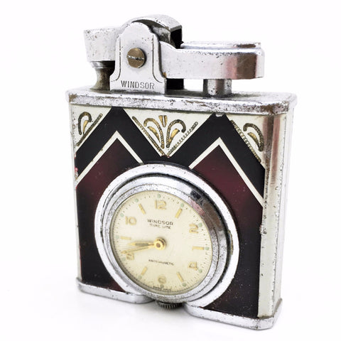 1930s Art Deco Vintage Windsor Time Lite Enameled Lighter with Pocket Watch