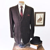 1950s 100% CASHMERE 3 Button Plaid Suit Jacket Men's Vintage Mad Men Era Black, Brown & Red Blazer / Sport Coat by Carey - Size 44