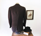 1950s 100% CASHMERE 3 Button Plaid Suit Jacket Men's Vintage Mad Men Era Black, Brown & Red Blazer / Sport Coat by Carey - Size 44