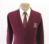 1970s Vintage Men's Southwest Atlanta Christian Academy Cardigan Knit Acrylic 5 Button Burgundy Red Cardigan Sweater - Size XS