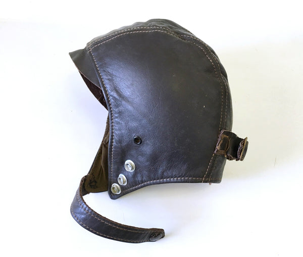 Vintage SCHOTT Aviator Helmet Dark Brown Leather Motorcycle Skull Cap Steampunk Pilot - Size SMALL