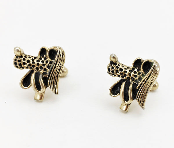 1960s Gold Poodle Cufflinks Men's Vintage Gold Tone Metal Cufflink Set with Goofy Cartoon Dog Heads