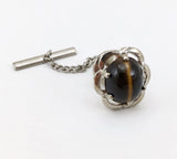1960s-70s Tigers Eye Tie Pin Large Modernist Mad Men Era Silver Tone Metal Tie Tack with Brown "Stone"