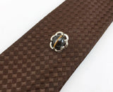 1960s-70s Tigers Eye Tie Pin Large Modernist Mad Men Era Silver Tone Metal Tie Tack with Brown "Stone"