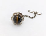 1960s-70s Tigers Eye Tie Pin Large Modernist Mad Men Era Silver Tone Metal Tie Tack with Brown "Stone"