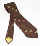 1970s Automobile Tie Disco Era Wide Brown Polyester Men's Vintage Necktie with woven antique car designs Chadwick by Wembley