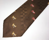 1970s Automobile Tie Disco Era Wide Brown Polyester Men's Vintage Necktie with woven antique car designs Chadwick by Wembley
