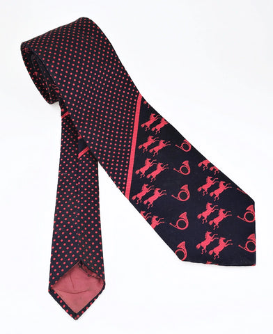 1970s Horse Necktie Men's Vintage Disco Era Wide Blue & Red Polyester Tie with Horse and Horn designs