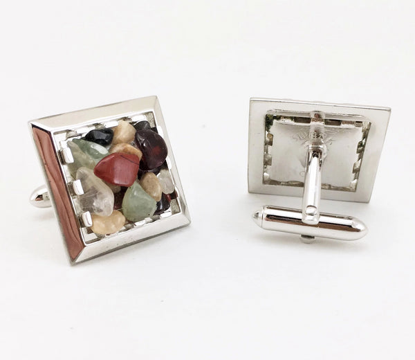 1960s SWANK Gemstone Cufflinks Men's Vintage Mad Men Era Modernist Silver Tone Metal Cufflink Set with Semi-precious Stones