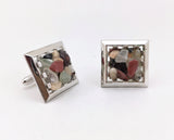 1960s SWANK Gemstone Cufflinks Men's Vintage Mad Men Era Modernist Silver Tone Metal Cufflink Set with Semi-precious Stones