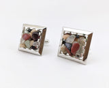 1960s SWANK Gemstone Cufflinks Men's Vintage Mad Men Era Modernist Silver Tone Metal Cufflink Set with Semi-precious Stones