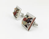 1960s SWANK Gemstone Cufflinks Men's Vintage Mad Men Era Modernist Silver Tone Metal Cufflink Set with Semi-precious Stones