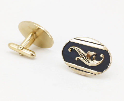 1960s SWANK Cufflinks Set Mad Men Era Men's Vintage Large Oval Gold Tone Metal Cuff Links by SWANK