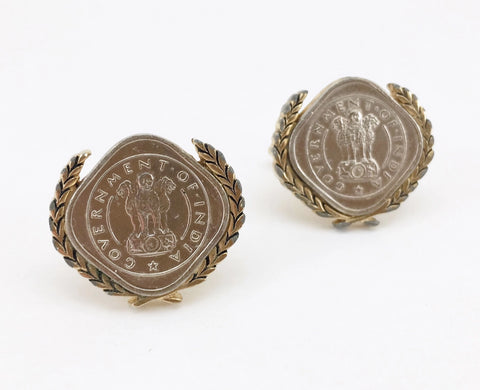 1960s SWANK Indian Coin Cufflinks Men's Vintage Gold Tone Metal Cufflink Set with Silver Coins from India by SWANK