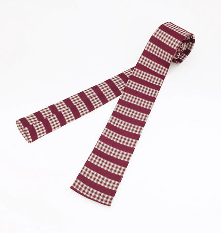 1950s Square Skinny Tie Men's Vintage Burgundy Red Striped Narrow Mad Men Era Mid Century Modern Square Bottom Necktie