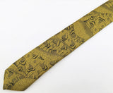 1980s Men's Skinny Gold Tie Vintage 80s Black & Mustard Gold Narrow Woven 100% Polyester Necktie with Retro Abstract Designs