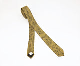 1980s Men's Skinny Gold Tie Vintage 80s Black & Mustard Gold Narrow Woven 100% Polyester Necktie with Retro Abstract Designs