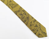 1980s Men's Skinny Gold Tie Vintage 80s Black & Mustard Gold Narrow Woven 100% Polyester Necktie with Retro Abstract Designs