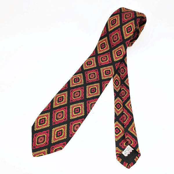 1950s Silk Skinny Tie Men's Vintage Mad Men Era Mod Black Narrow Silk Necktie with printed designs by ALUMNUS