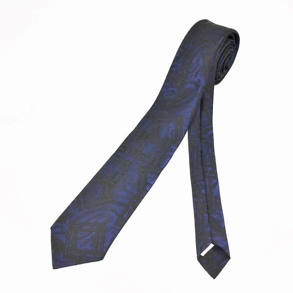 1980s Blue & Black Skinny Tie Narrow Shiny Woven Blue Men's Vintage 80s Necktie with abstract designs by RICK BENNETT