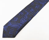 1980s Blue & Black Skinny Tie Narrow Shiny Woven Blue Men's Vintage 80s Necktie with abstract designs by RICK BENNETT