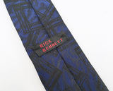 1980s Blue & Black Skinny Tie Narrow Shiny Woven Blue Men's Vintage 80s Necktie with abstract designs by RICK BENNETT