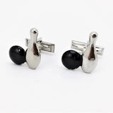 1960s Bowling Cufflinks Mad Men Era Mid Century Men's Vintage Silver Tone Metal Cufflink Set with Silver Bowling Pins & Black Bowling Ball