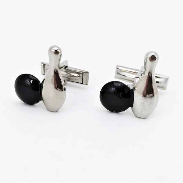 1960s Bowling Cufflinks Mad Men Era Mid Century Men's Vintage Silver Tone Metal Cufflink Set with Silver Bowling Pins & Black Bowling Ball