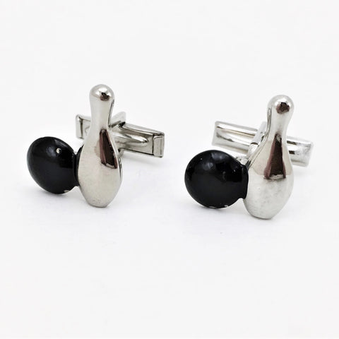 1960s Bowling Cufflinks Mad Men Era Mid Century Men's Vintage Silver Tone Metal Cufflink Set with Silver Bowling Pins & Black Bowling Ball