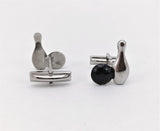 1960s Bowling Cufflinks Mad Men Era Mid Century Men's Vintage Silver Tone Metal Cufflink Set with Silver Bowling Pins & Black Bowling Ball