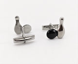 1960s Bowling Cufflinks Mad Men Era Mid Century Men's Vintage Silver Tone Metal Cufflink Set with Silver Bowling Pins & Black Bowling Ball