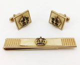 1960s-70s SWANK Crown Cufflinks & Tie Bar 3 Piece Set Mad Men Era Men's Vintage Gold Tone Metal Cuff Links Set with Crown designs