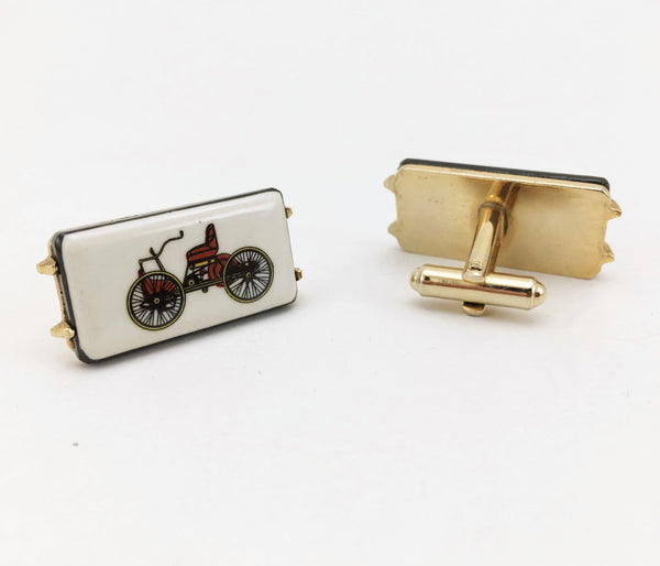 1960s-70s Antique Car Cufflinks Men's Vintage Gold Tone Metal Cufflink Set with porcelain tiles with early 1900s car designs