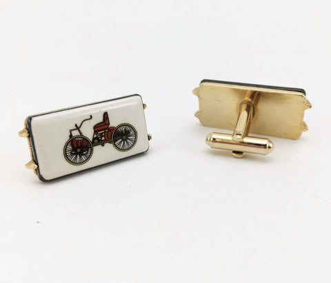 1960s-70s Antique Car Cufflinks Men's Vintage Gold Tone Metal Cufflink Set with porcelain tiles with early 1900s car designs