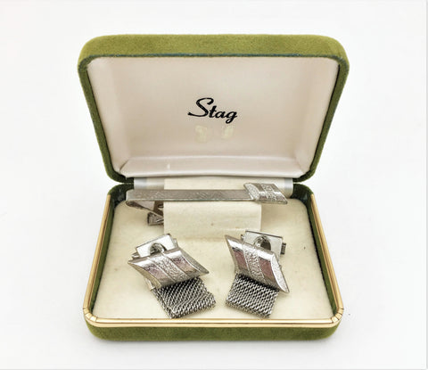 1960-70s STAG Cufflink & Tie Clip Set Large Modernist Mad Men Era Silver Tone Metal Wrap-a-round Cufflinks and Tie Clip Set Natural in box