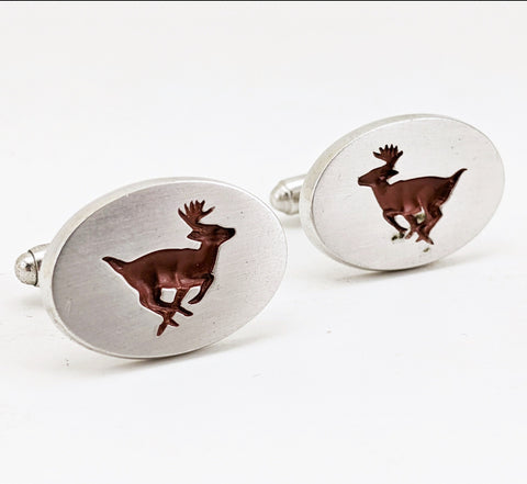 1960s ANSON Deer Cufflink Set Silver Tone Metal & Brown Enamel Mad Men Mid Century Men's Vintage Cufflinks with Stag designs by Anson