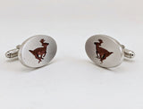 1960s ANSON Deer Cufflink Set Silver Tone Metal & Brown Enamel Mad Men Mid Century Men's Vintage Cufflinks with Stag designs by Anson