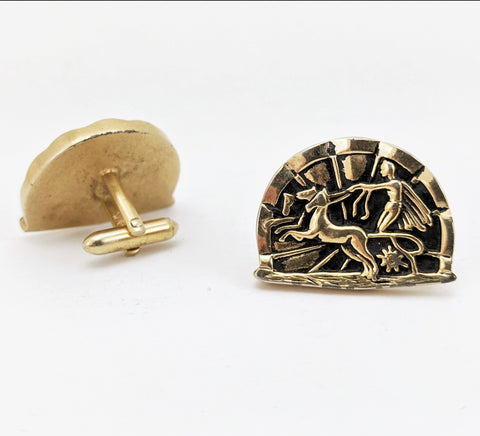 1950s SWANK Chariot Cufflinks Men's Vintage Large Antiqued Gold Tone Metal Mid Century Cufflink Set with Egyptian Designs by SWANK