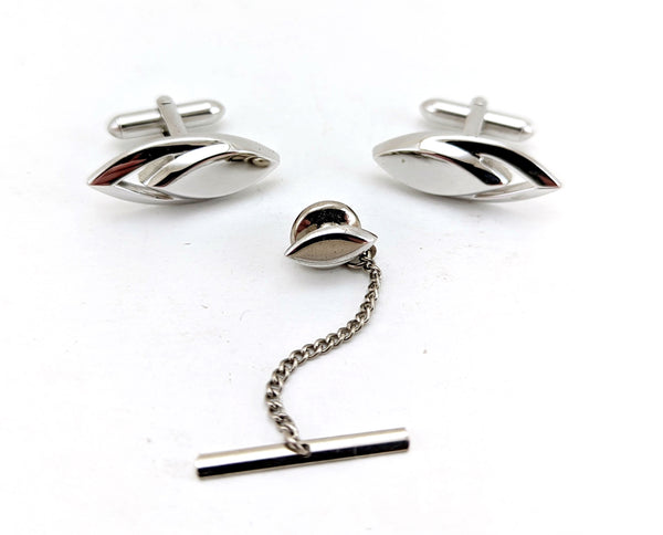 1960s SWANK Modernist Cufflinks & Tie Pin / Tie Tack Set Silver Tone Metal Men's Vintage Cufflink Set by SWANK