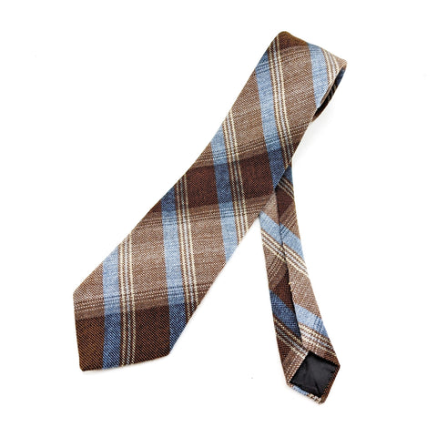 1970s Plaid Wool Tie Men's Vintage Brown & Sky Blue Wool Blend Disco Era Necktie by McAllister Deluxe