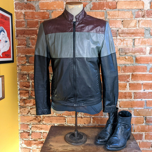 1980s BERMAN'S Tri-Color Leather Café Racer Jacket Men's Vintage Burgundy, Gray & Black Members Only Style Leather Jacket - Size 38 (MEDIUM)