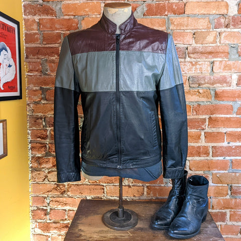 1980s BERMAN'S Tri-Color Leather Café Racer Jacket Men's Vintage Burgundy, Gray & Black Members Only Style Leather Jacket - Size 38 (MEDIUM)