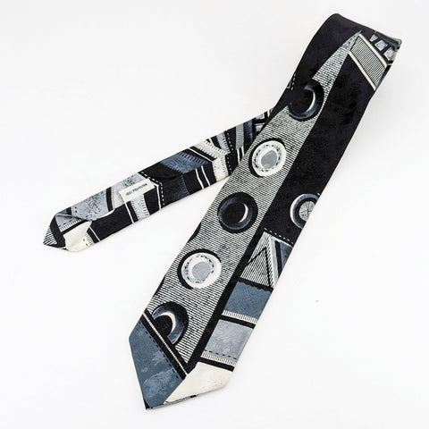 1980s Men's Skinny Tie Vintage 80s Men's Narrow Black & Gray Polyester Necktie with Abstract Designs by Cadet Club Classics