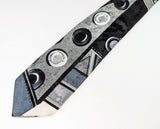 1980s Men's Skinny Tie Vintage 80s Men's Narrow Black & Gray Polyester Necktie with Abstract Designs by Cadet Club Classics