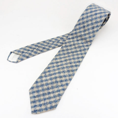 1970s Checked Knit Tie Men's Vintage Beige & Blue Wool Blend Necktie by Royal Knight