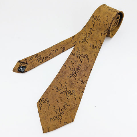 1980s Men's Abstract Skinny Tie Vintage Narrow Gold & Black Woven 80s necktie by POLICY with Retro Deco Abstract Designs