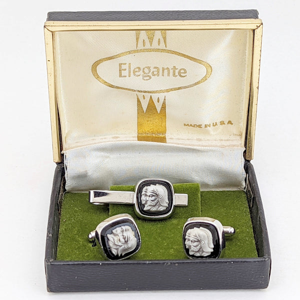 1950s Cameo Cufflinks & Tie Clip Set by Elegante Men's Vintage Cufflinks, Tie Bar with Gladiator Designs in original box