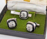 1950s Cameo Cufflinks & Tie Clip Set by Elegante Men's Vintage Cufflinks, Tie Bar with Gladiator Designs in original box